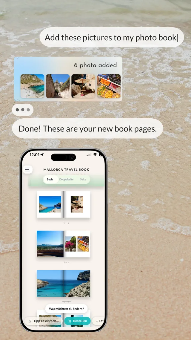 De fotoboek-agent van klikkie voegt Mallorca-vakantiefoto's toe aan een reisfotoboek