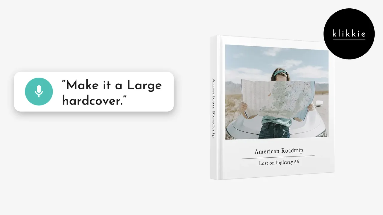 Een hardcover klikkie fotoboek, bij een gids over soorten fotoboek binding, met een tekstballon: maak er een Large hardcover van