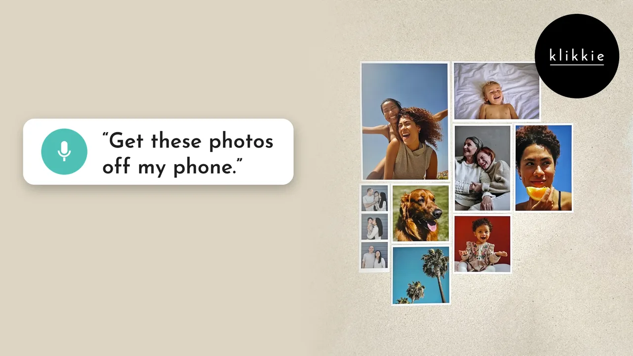 Geprinte telefoonfoto's met witte rand op tafel, met een tekstballon: haal deze foto's van mijn telefoon