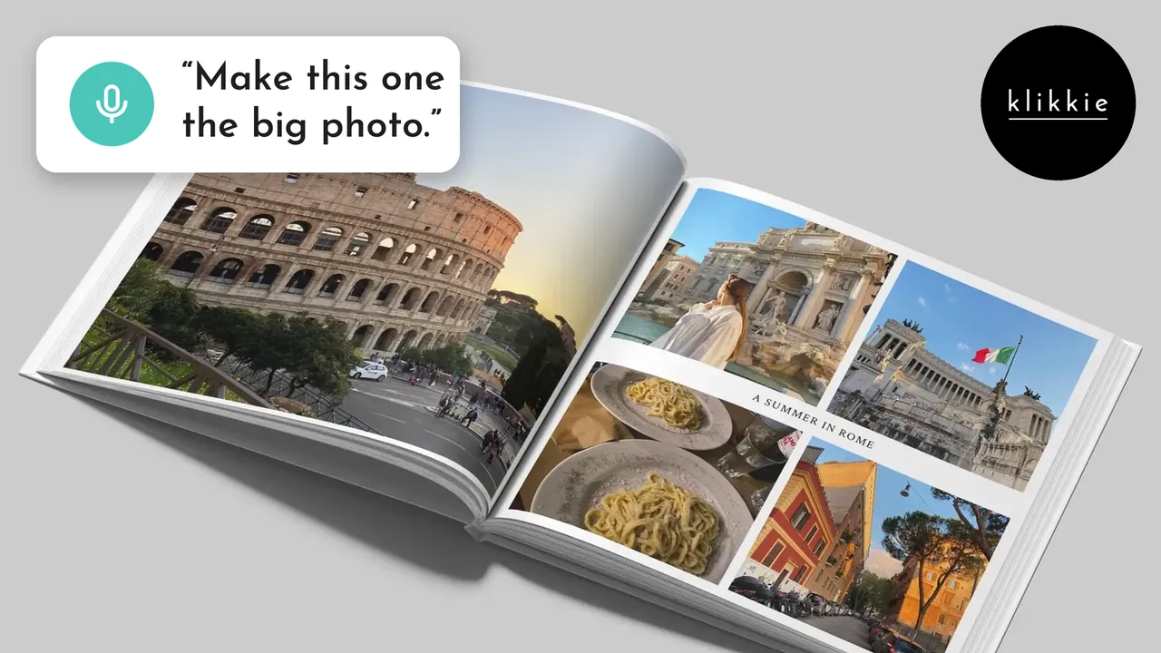Een open klikkie fotoboek met foto’s van Rome, met de tekst “Make this one the big photo.”